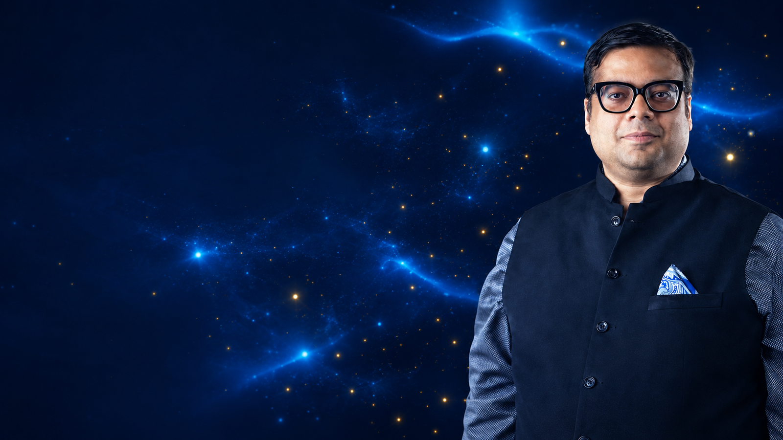 Gaurav Tekriwal against a blue mathematical cosmos
